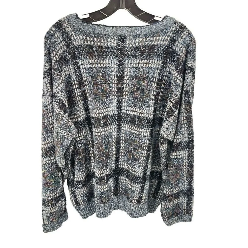 Method Vintage Mens Pullover Sweater Long Sleeve Check Printed Large Blue Gray